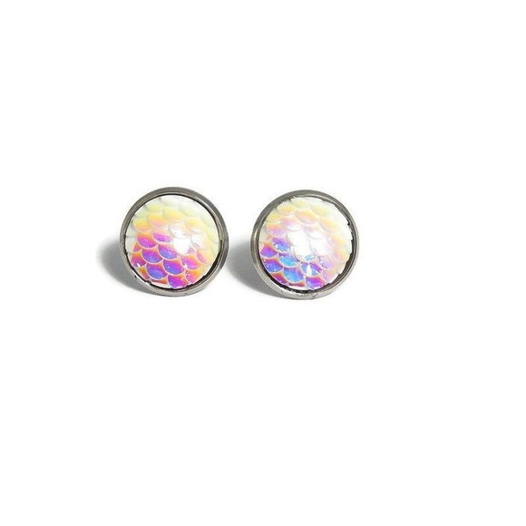 White Mermaid Scale Stud Earrings - Picture 1 of 6